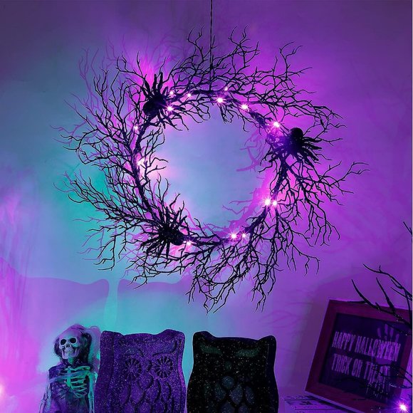 Adroiteet Halloween 24 Inch Black Spider Artificial Wreath with Purple Lights